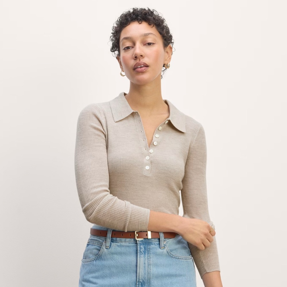 Everlane The Polo Merino Beige Ribbed Polo Top